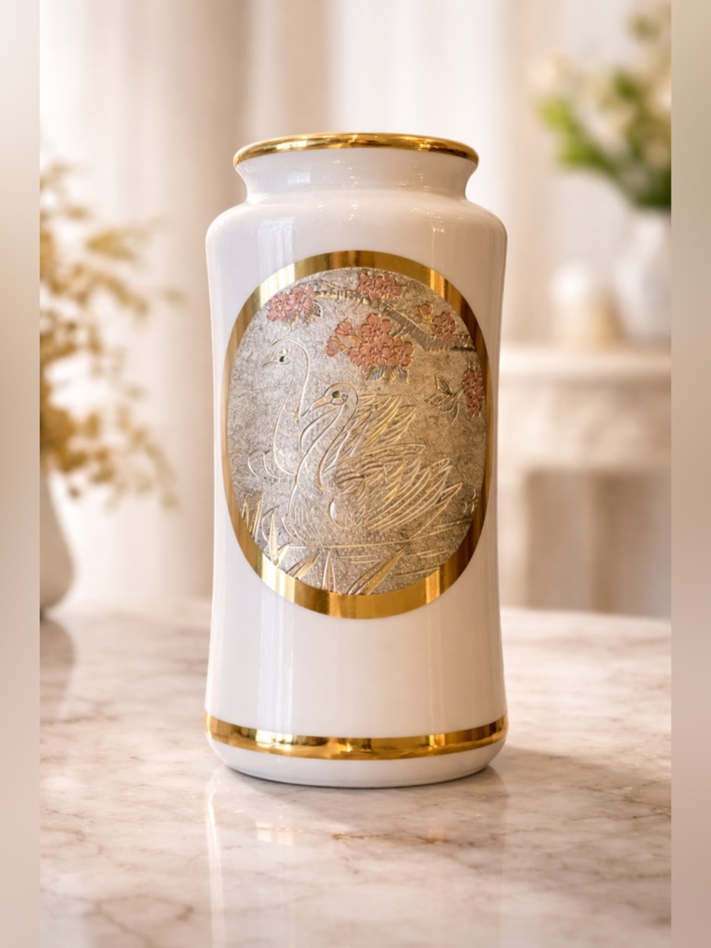 VINTAGE Japanese Chokin Art Vase • 24K Gold Swan Relief • Porcelain • EUC